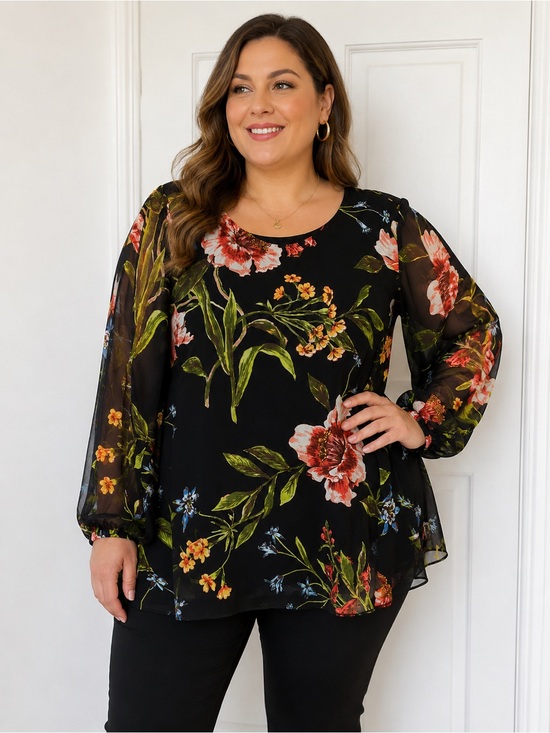 RACHEL Rachel Roy Tops - Floral Chiffon Long Sleeve Top - Black